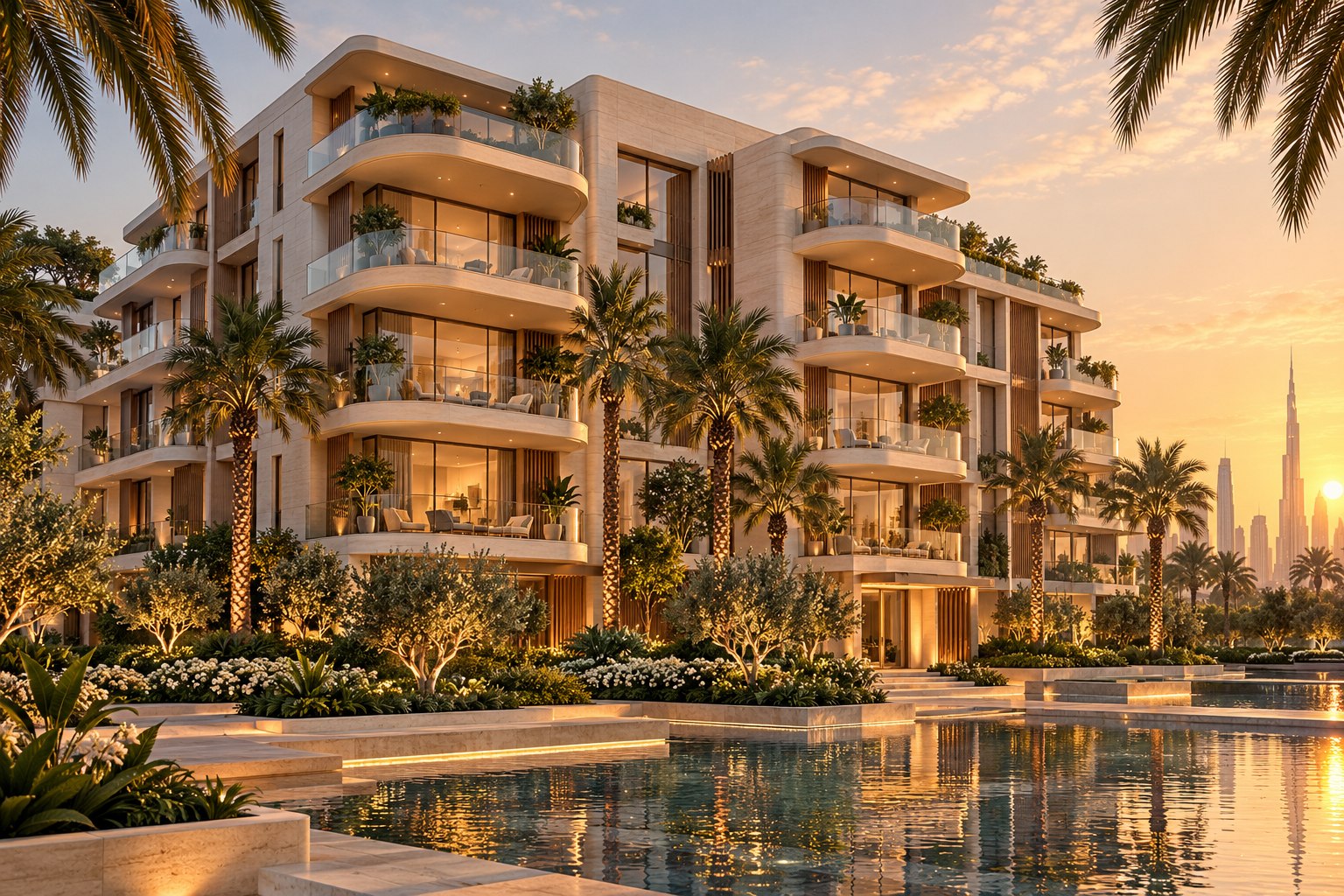 Concept illustration of contemporary Dubai residences with landscaped gardens and a reflecting pool