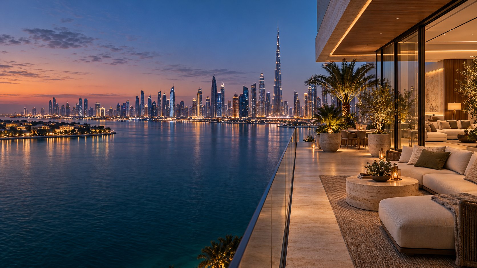 Concept illustration of a luxury Dubai terrace overlooking the waterfront and Burj Khalifa at dusk
