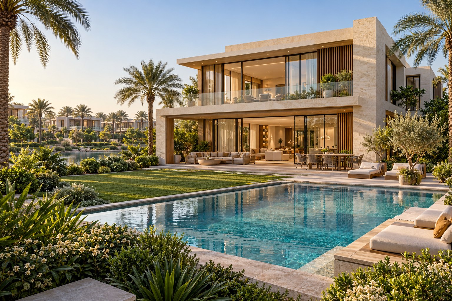 Concept illustration of a contemporary Dubai villa with landscaped gardens and a private pool