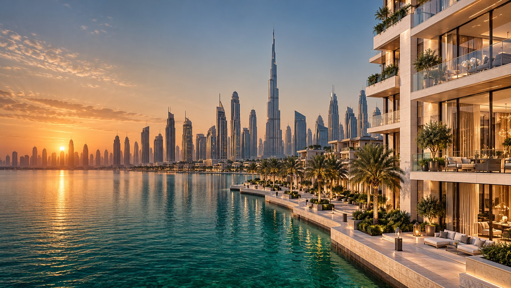 Concept illustration of Dubai waterfront residences with the Burj Khalifa skyline at sunrise